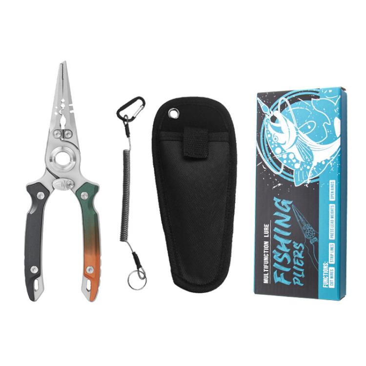 Multifunctional lure pliers set with stainless body, orange/green grips, and carrying pouch