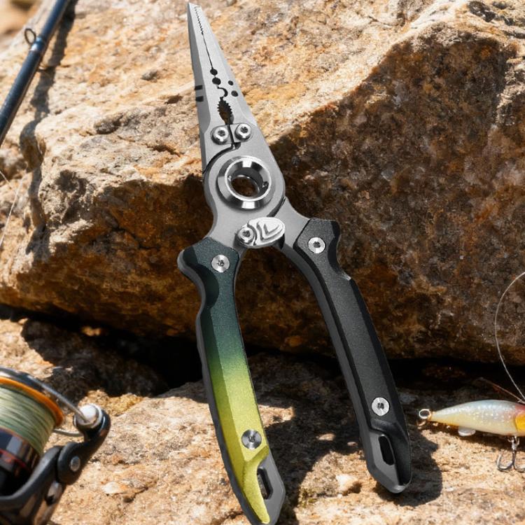Multifunctional lure pliers with stainless jaws and green-yellow two-tone handle