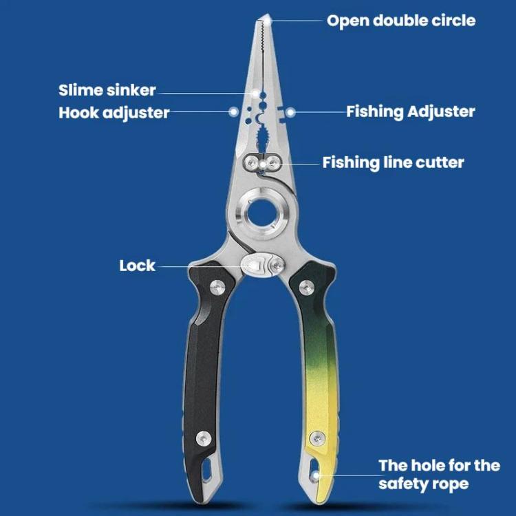 Multifunctional lure pliers with line cutter and fishing adjuster, green-yellow handles