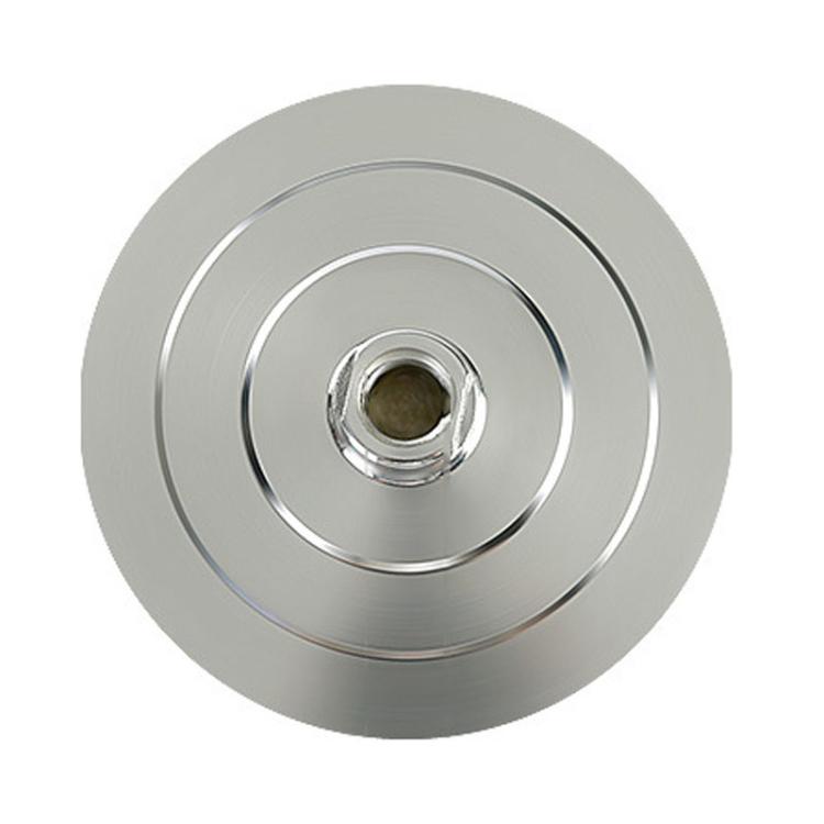Silver metal grinding disc with central threaded hole and two raised ring grooves