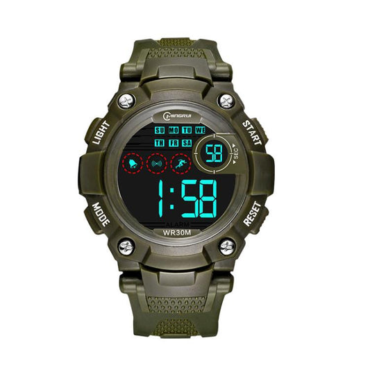 Kids digital sports watch with olive green strap and bezel, blue illuminated LCD display