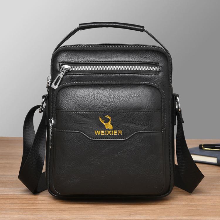 Men's vertical crossbody bag in black PU leather, zippered front compartment and strap