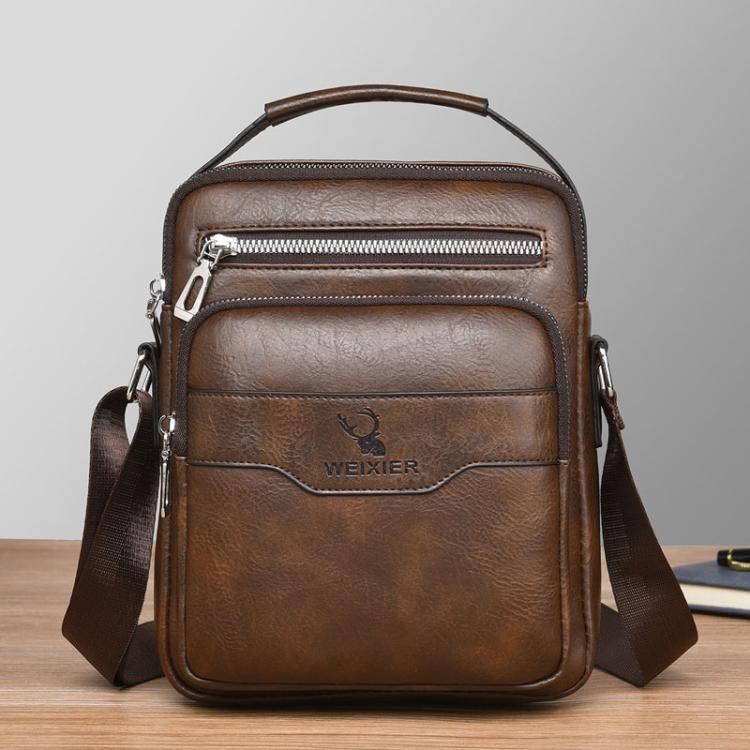 Men's vertical crossbody bag in dark brown PU leather, front zip pocket and shoulder strap
