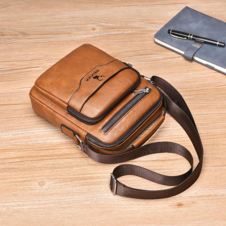 Men's small crossbody bag in brown PU leather with two front zipper pockets