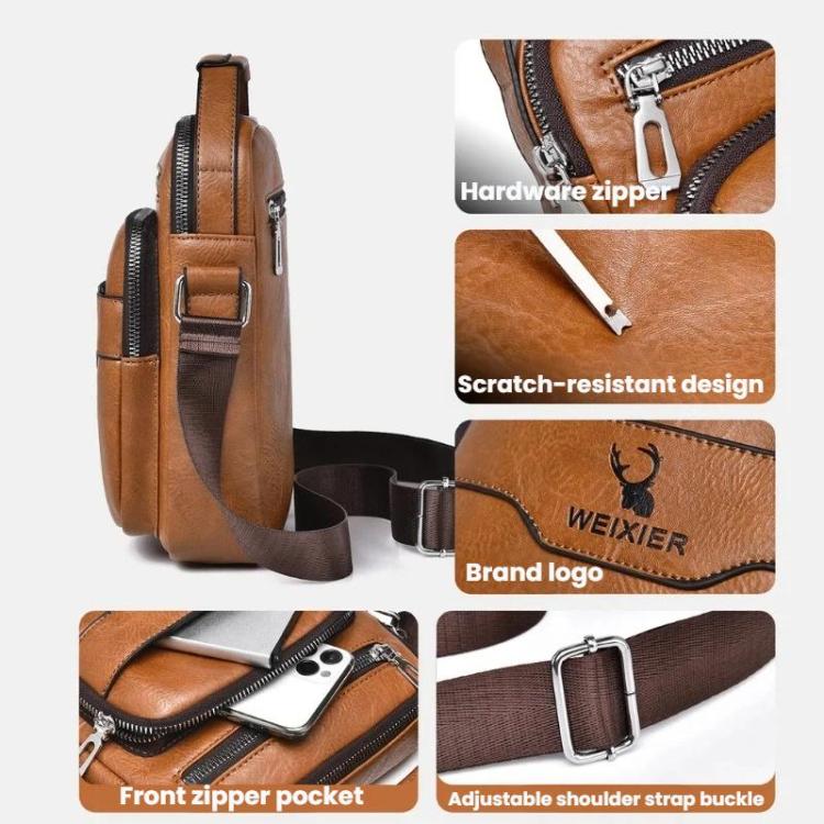 Men's crossbody bag in brown PU leather with side zip, logo patch, and adjustable strap