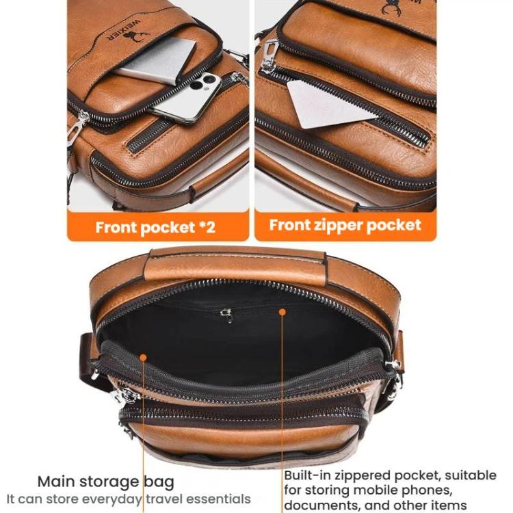 Brown PU leather crossbody bag detail showing front pocket zippers and interior storage
