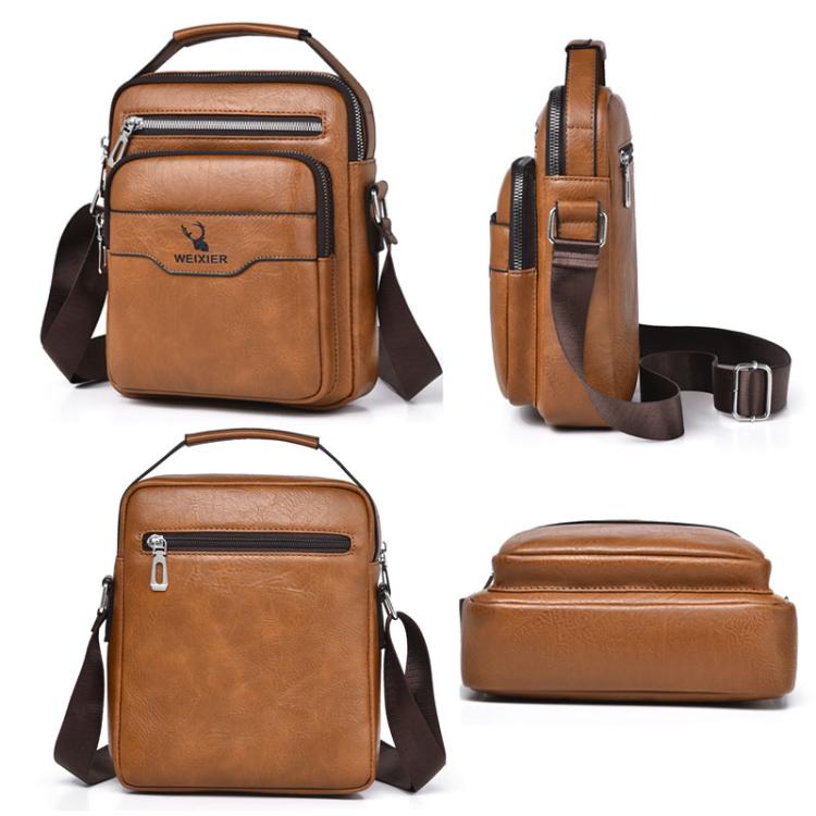 Men's vertical crossbody bag, tan PU leather with front zipper pocket and adjustable strap