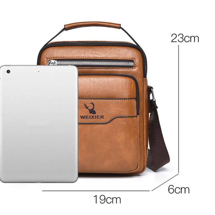 Tan PU leather crossbody bag with two zipper compartments; size 23x19x6 cm