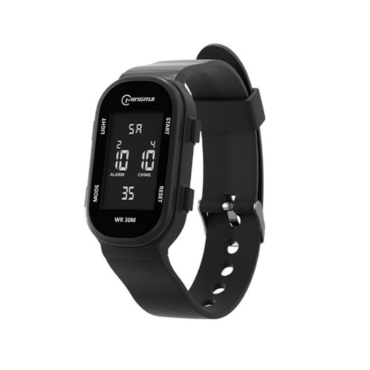 Kids digital sport watch with black strap, oval screen, WR 30M marking and alarm/chime icons