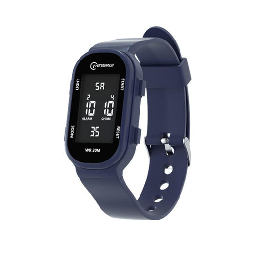 Kids digital sport watch with blue strap, oval screen, WR 30M marking and alarm/chime icons