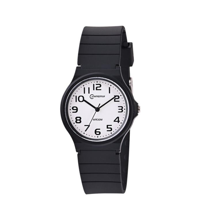Black analog wristwatch with rubber strap and round dial, easy-read numerals