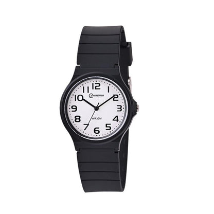 Black analog wristwatch with rubber strap and round dial, easy-read numerals