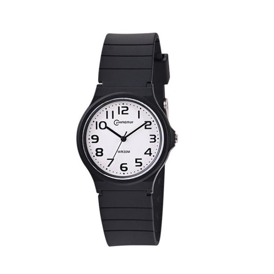Black analog wristwatch with rubber strap and round dial, easy-read numerals