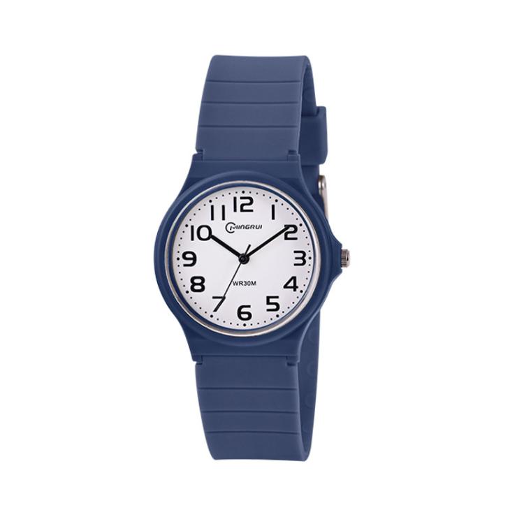 Blue analog wristwatch with rubber strap and round dial, easy-read numerals