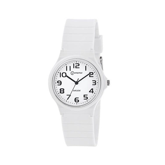 White analog wristwatch with rubber strap and round dial, easy-read numerals