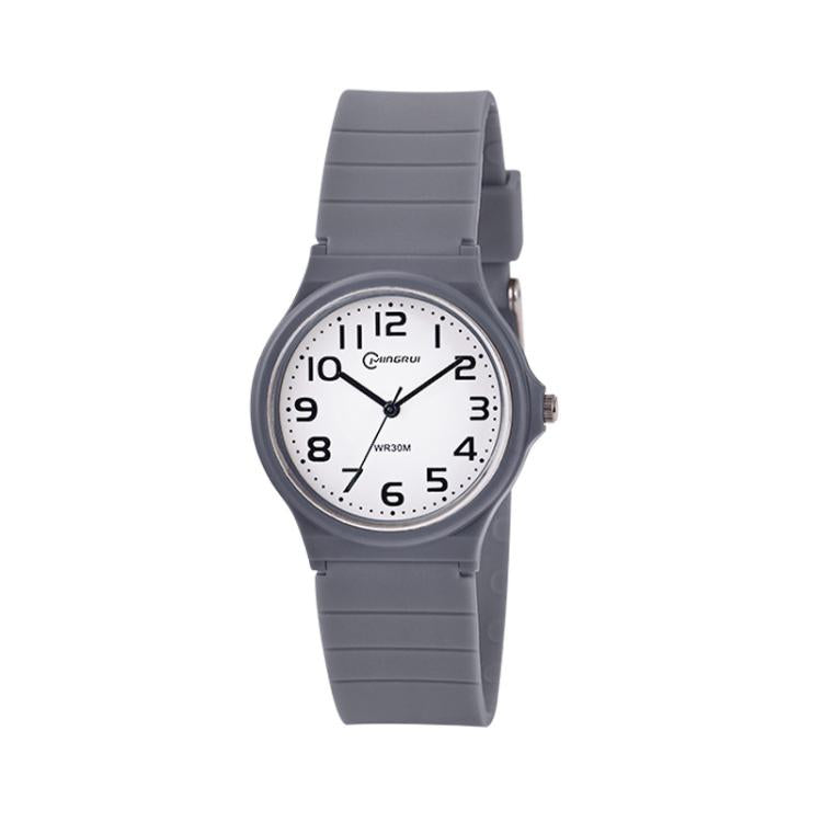 Gray analog wristwatch with rubber strap and round dial, easy-read numerals