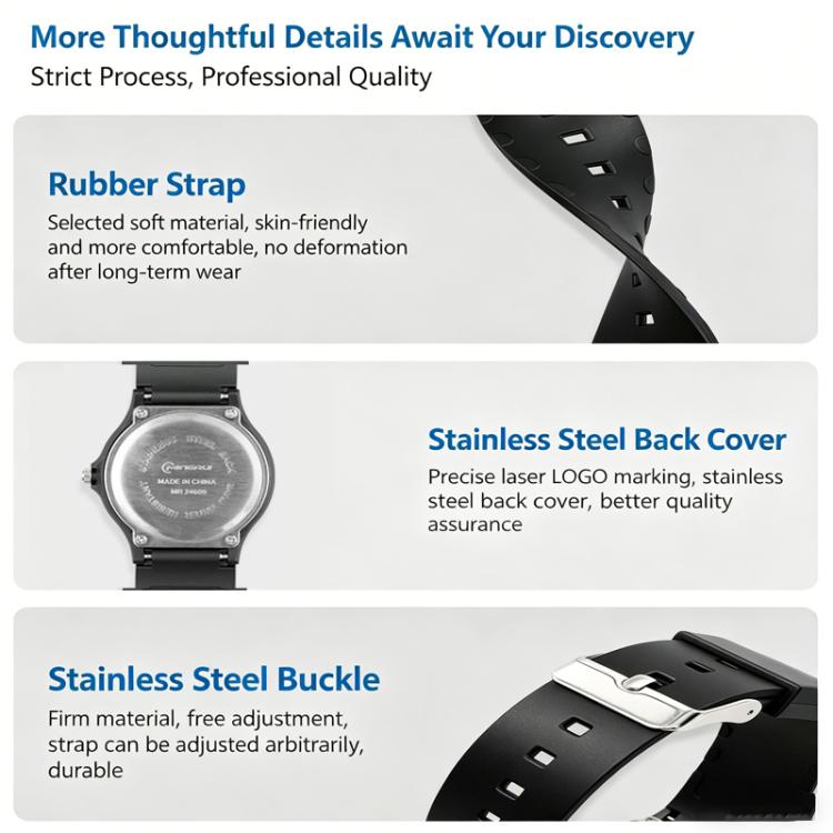 Analog watch detail showing rubber strap, metal back cover, and adjustable buckle