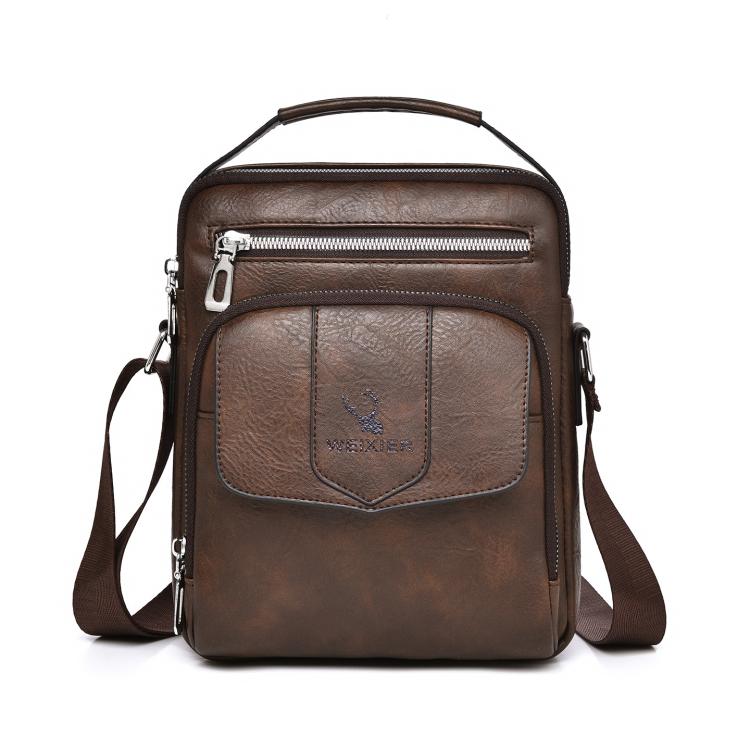 Men's dark-brown leather-look shoulder bag with zip top and front logo flap pocket