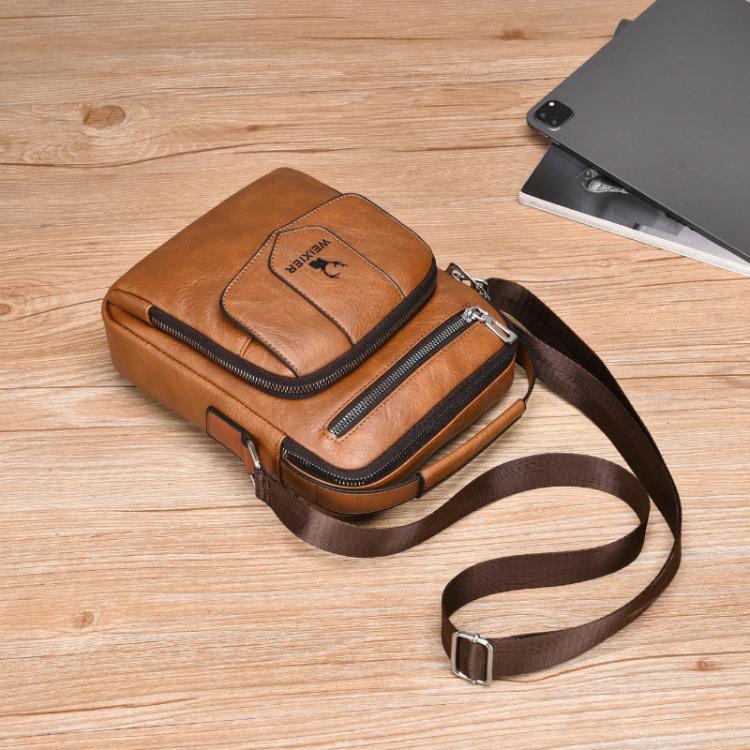 Men's brown leather-look crossbody bag with zip compartments and adjustable shoulder strap