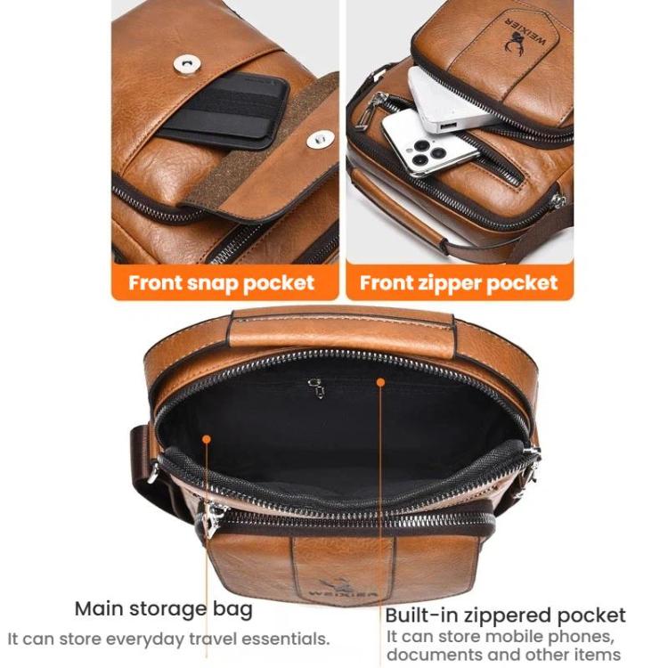 Brown shoulder bag with snap front pocket, front zipper pocket, and inner zip pocket