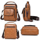 Men's brown shoulder bag with front flap pocket, top handle, and adjustable crossbody strap