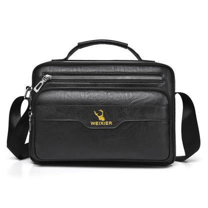 Black PU men’s business shoulder bag with top handle, front zip pocket, and crossbody strap