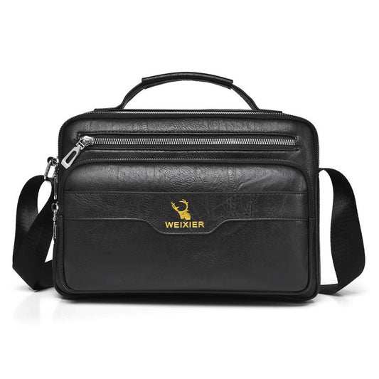 Black PU men’s business shoulder bag with top handle, front zip pocket, and crossbody strap