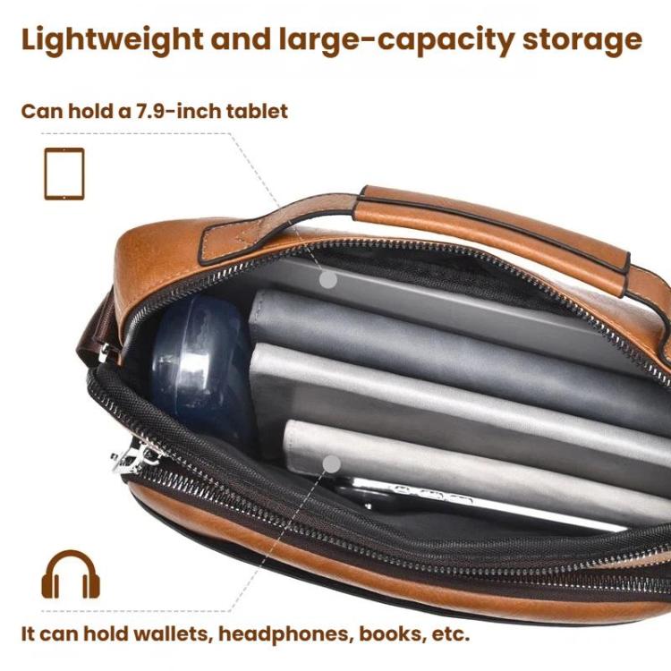 Tan PU crossbody bag open view showing main compartment with zipper closure