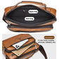 Tan PU men’s crossbody bag with front pocket and main compartment, zipper closures visible
