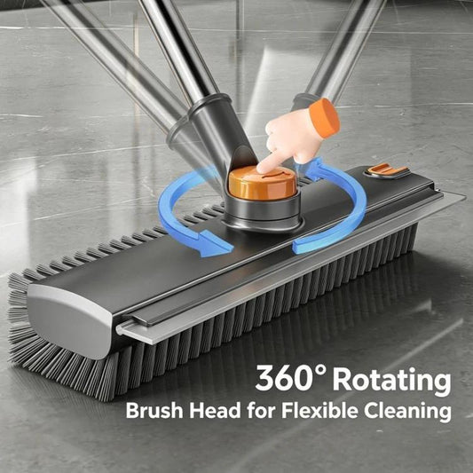 Floor Scrub Brush with Long Handle 2-in-1 Dual-Sided V-Shaped Grout Brush with Squeegee, 360-degree Swivel Head and Built-in Hair Tweezers