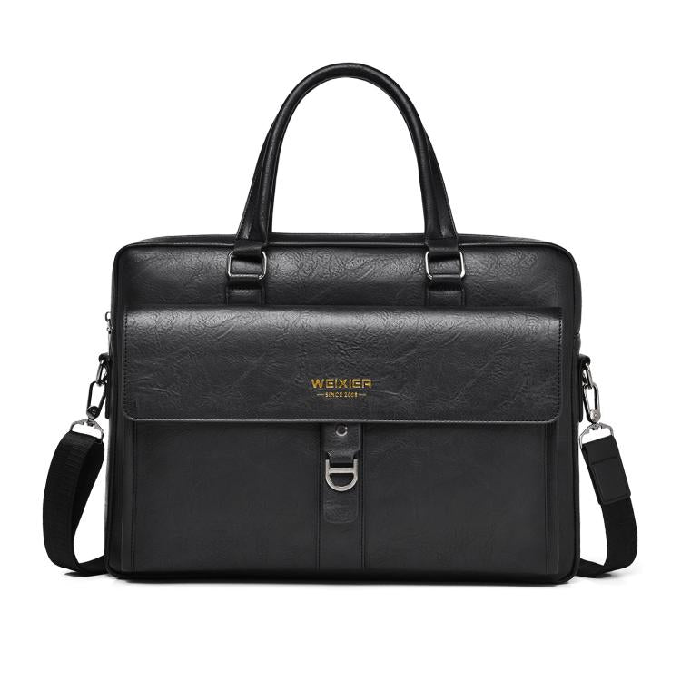Men's vintage business tote bag in black with double handles and front buckle pocket