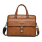 Men's vintage business tote bag in tan with top handles, front buckle, shoulder strap