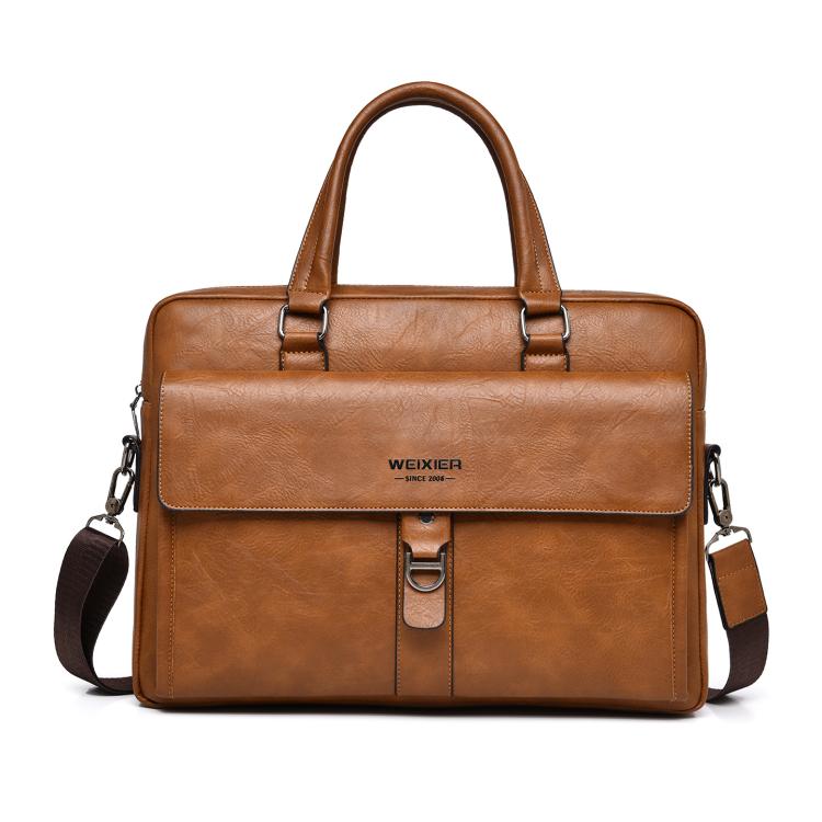 Men's vintage business tote bag in tan with top handles, front buckle, shoulder strap