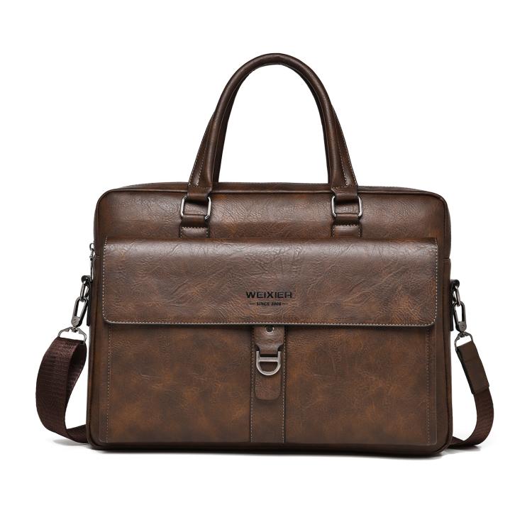 Men's vintage business tote bag in dark brown with top handles and front buckle pocket