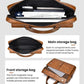 Tan leather-look business tote with open top and zippered storage compartments