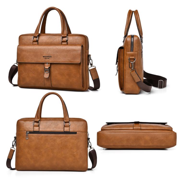 Men's vintage business tote bag in tan with handles, shoulder strap, and front buckle