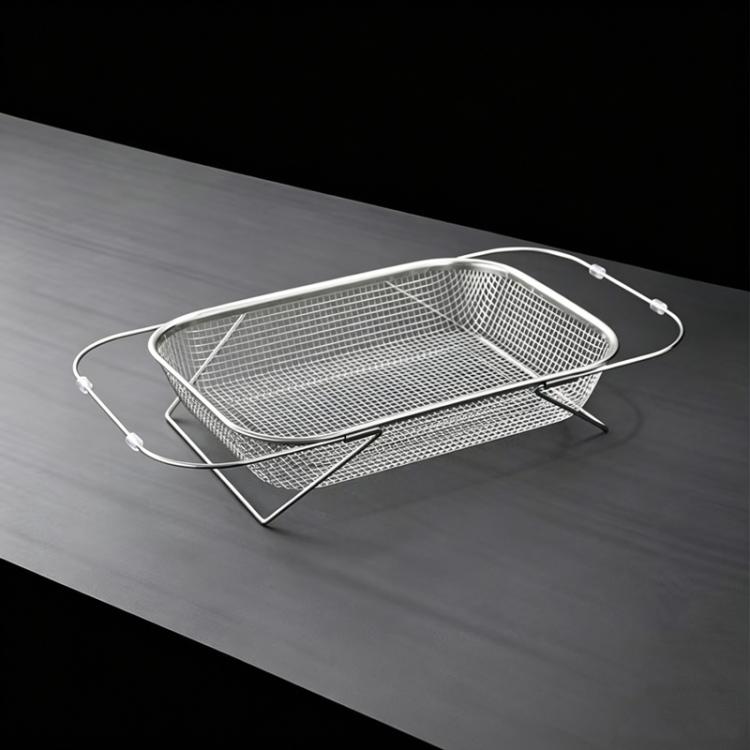 Expandable sink colander strainer, fine mesh basket on standing feet, stainless steel