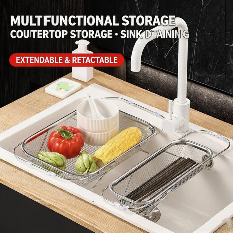 Expandable sink colander strainer with fine mesh basket holding vegetables in sink
