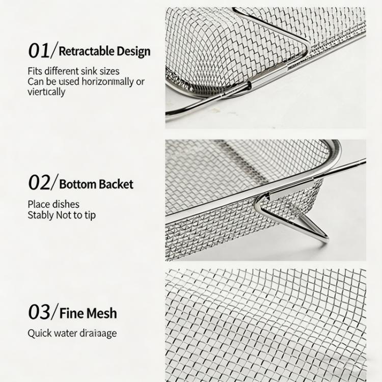 Expandable sink colander strainer features: retractable frame and fine mesh basket