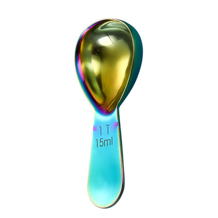Iridescent multicolor coffee measuring spoon with 15ml scale markings, oval bowl and handle