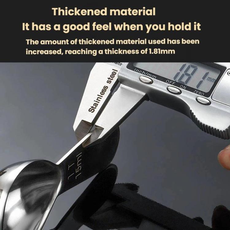 Black and silver coffee measuring spoon with thickness gauge measuring spoon edge