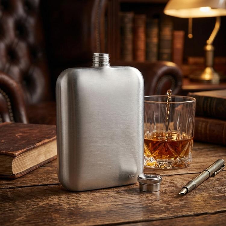 Silver stainless steel hip flask with screw cap, pocket liquor bottle
