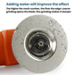 Emery grinding disc with center hole and water droplets on silver-gray abrasive surface