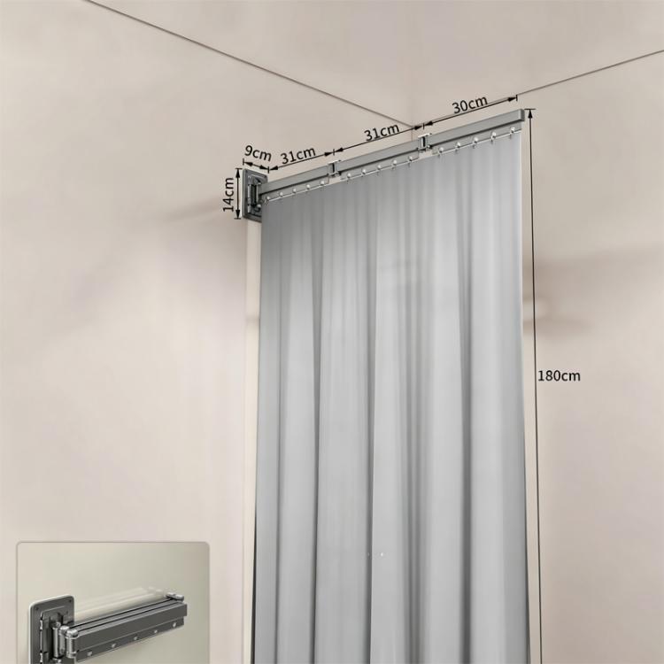 Grey foldable shower curtain partition with ceiling rail and pleated panels