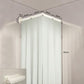 White shower curtain partition with corner ceiling rail and pleated curtain panels