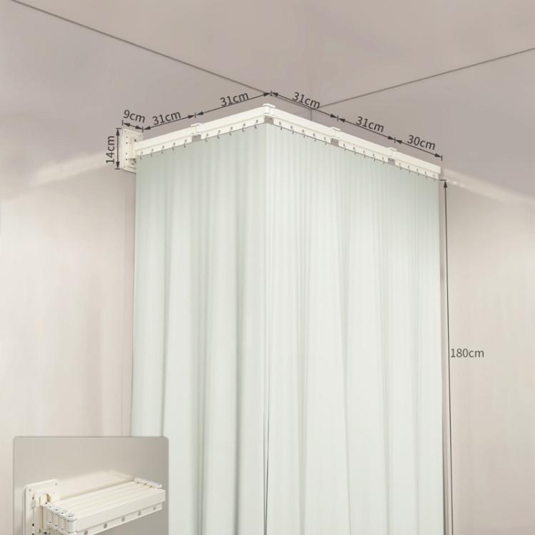 White foldable shower curtain partition with angled ceiling rail and pleated panels