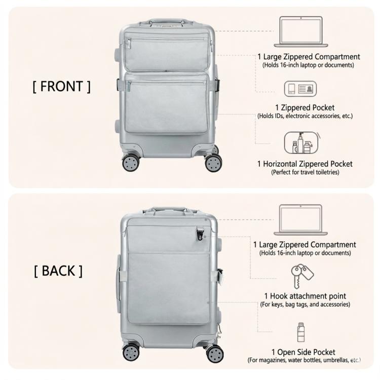 Gray luggage attachment organizer bag with front and back storage compartments