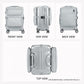 Gray luggage attachment organizer bag shown from front, side, and back views