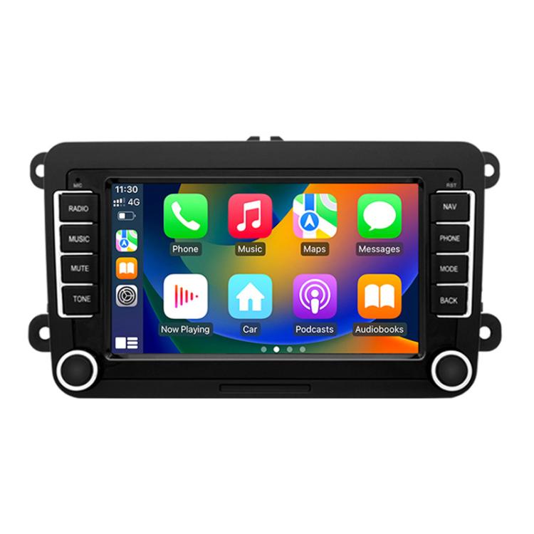 7-inch car navigation head unit with bright touchscreen showing phone, maps, music, and messaging apps