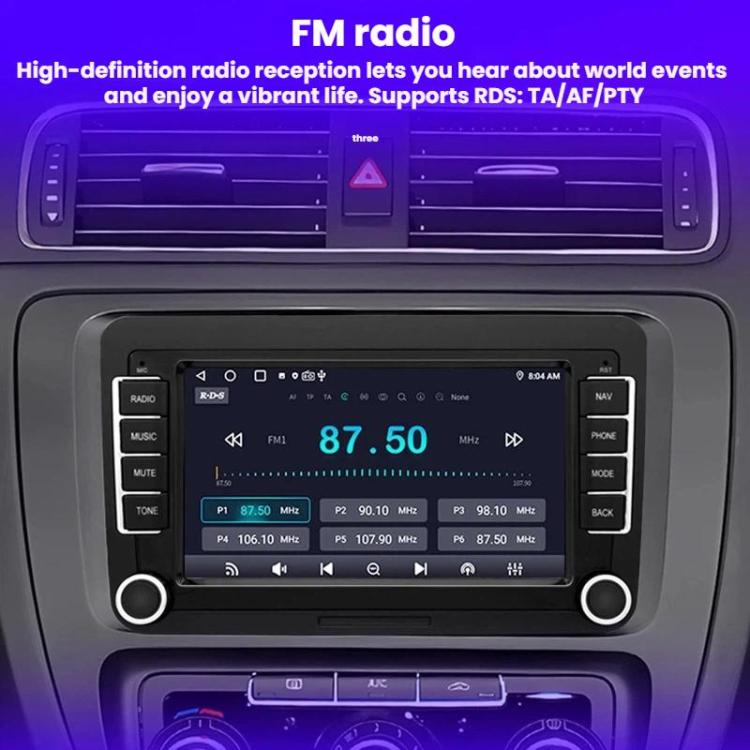 7-inch car navigation head unit displaying FM radio frequency and preset list